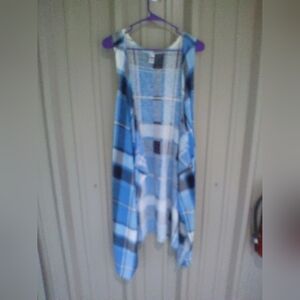 Women's Blue Black & White Plaid Sleeveless Open Cardigan Vest Plus Size 2X Boho